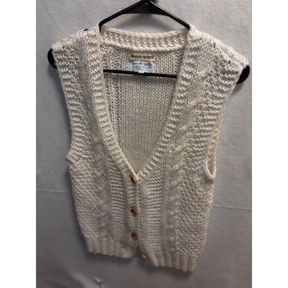 Hand Knit Cream Cable Knit Button Front Vest Women's Size S Acrylic‎